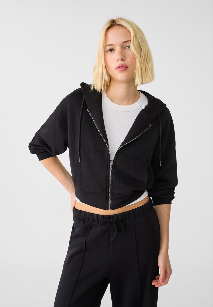 Stradivarius Jachetă Cu Glugă Moale La Atingere Negru Xs