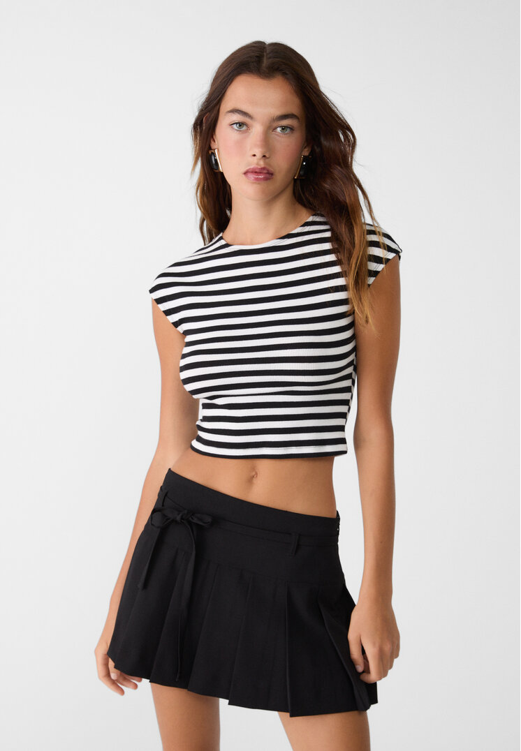 Stradivarius Tricou Cu Mânecă Și Dungi Alb Xl
