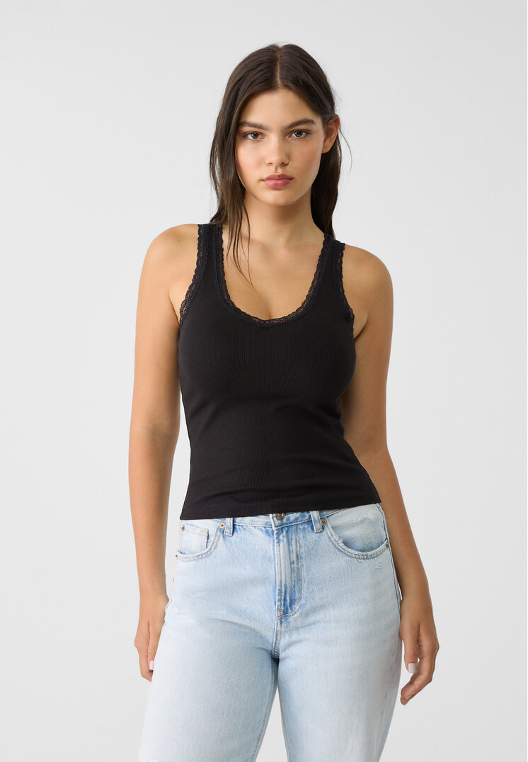 Stradivarius Tricou Cu Decolteu În V Și Dantelă Negru Xl