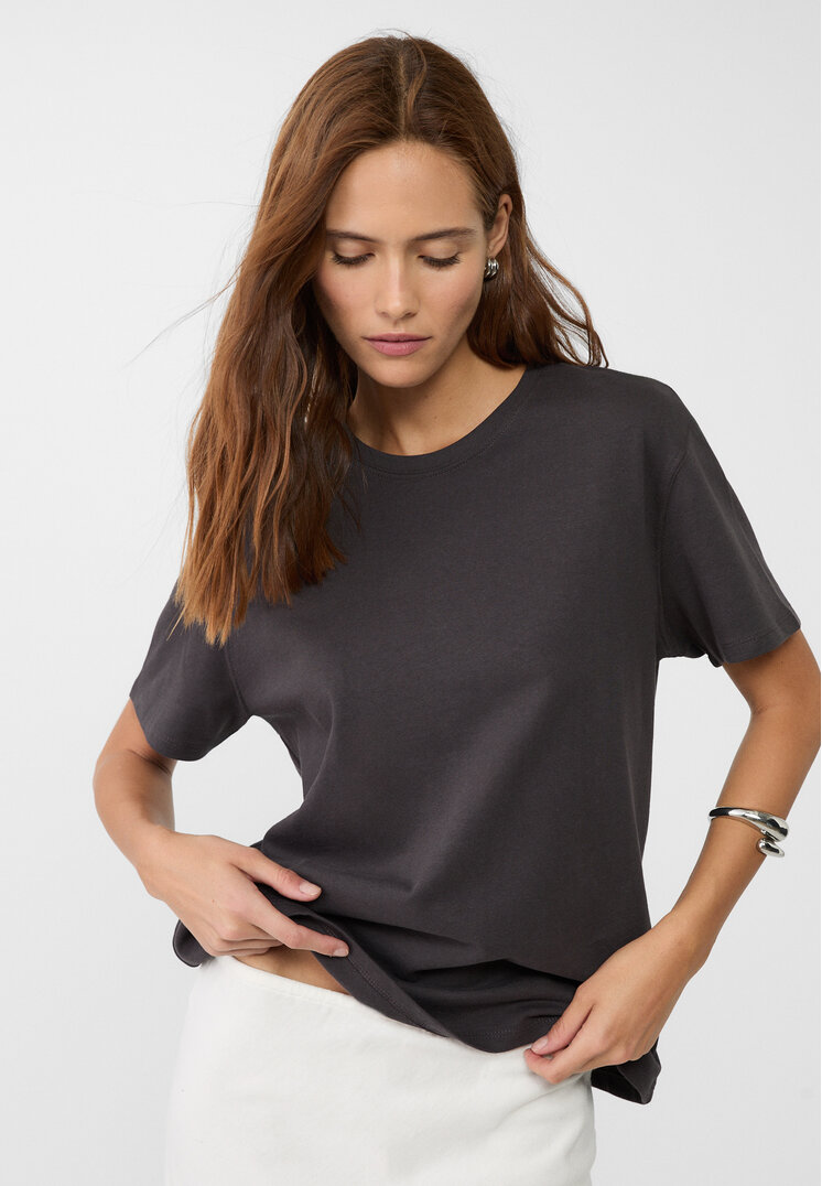 Stradivarius Tricou Boxy Heavy Cotton Gri Închis M