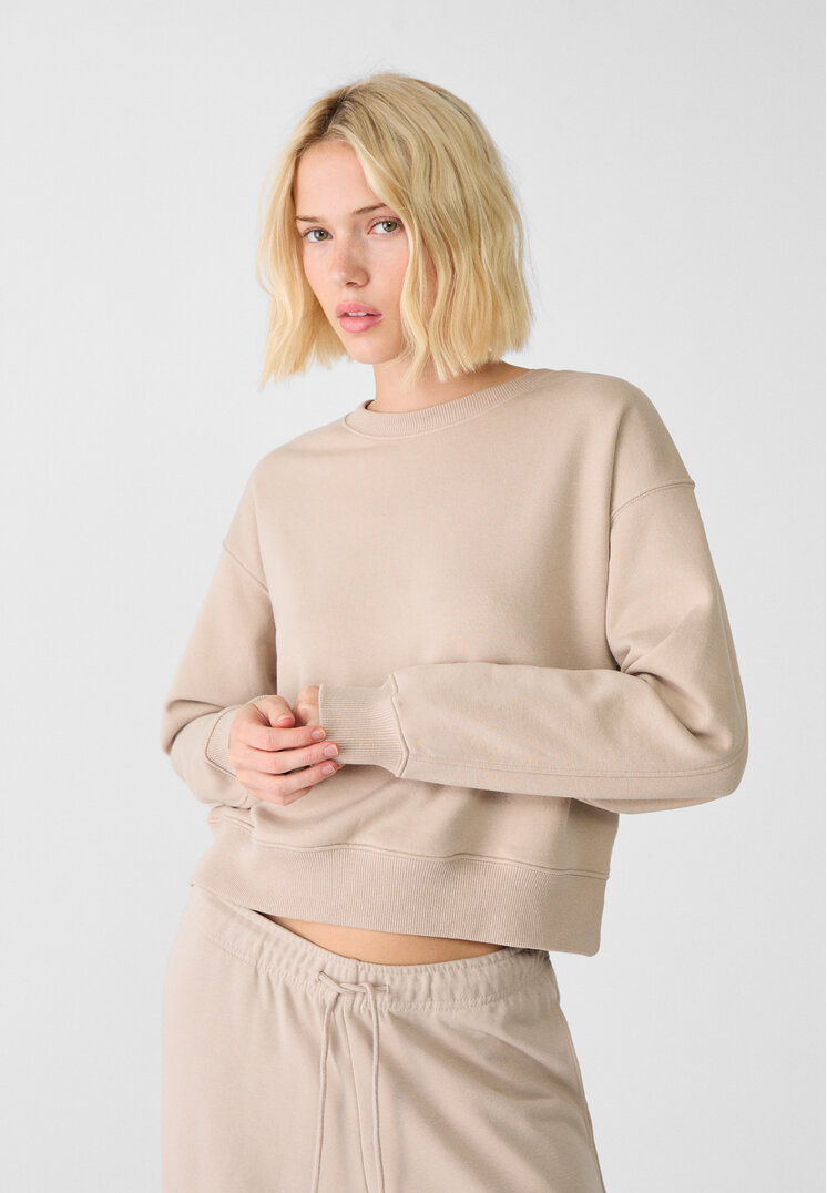 Stradivarius Basic-Sweatshirt mit Rundausschnitt Steingrau S