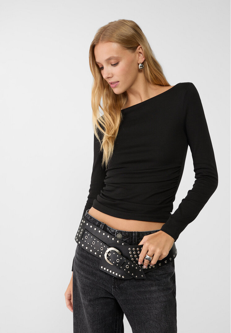 Stradivarius Tricou Încrețit Mânecă Lungă Negru S