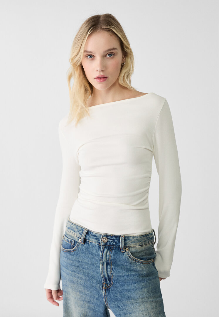 Stradivarius Tricou Încrețit Mânecă Lungă Ecru M