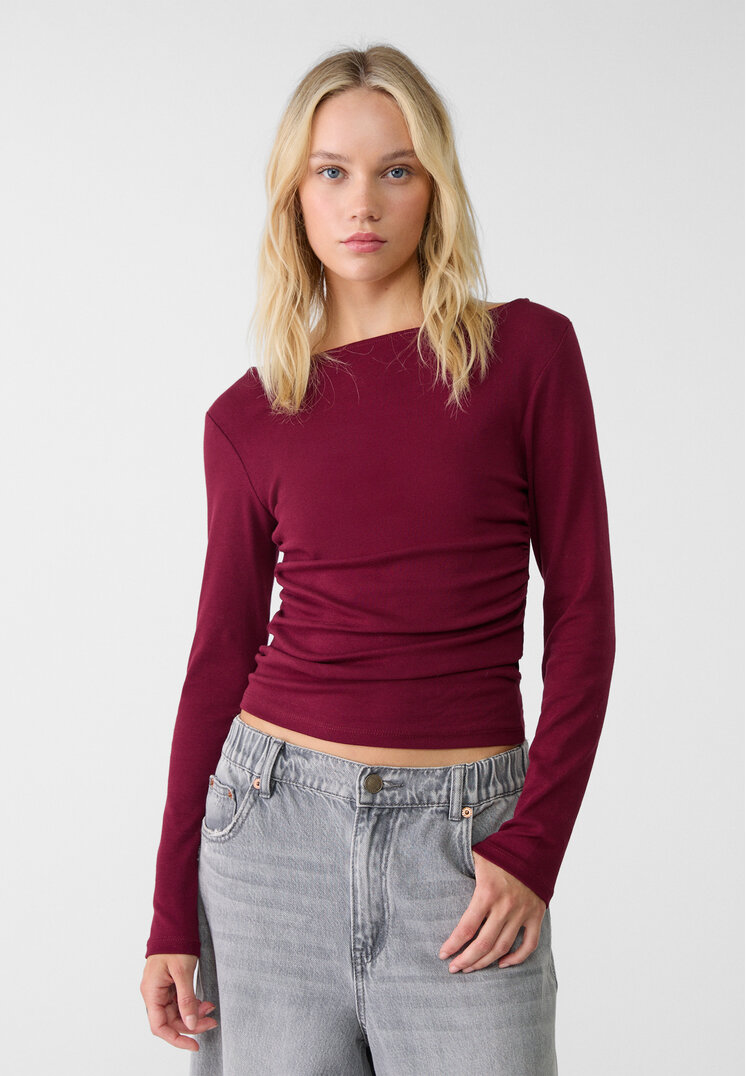 Stradivarius Tricou Încrețit Mânecă Lungă Mov S
