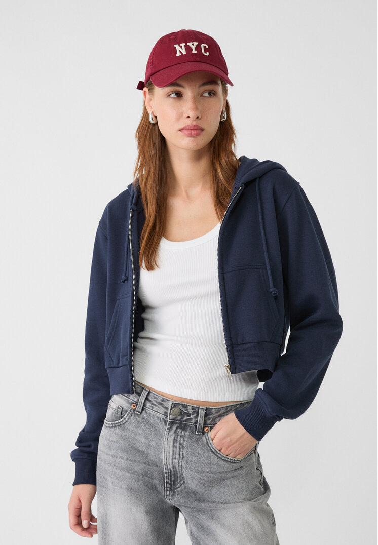 Stradivarius Hanorac Cropped Cu Fermoar Bleumarin S