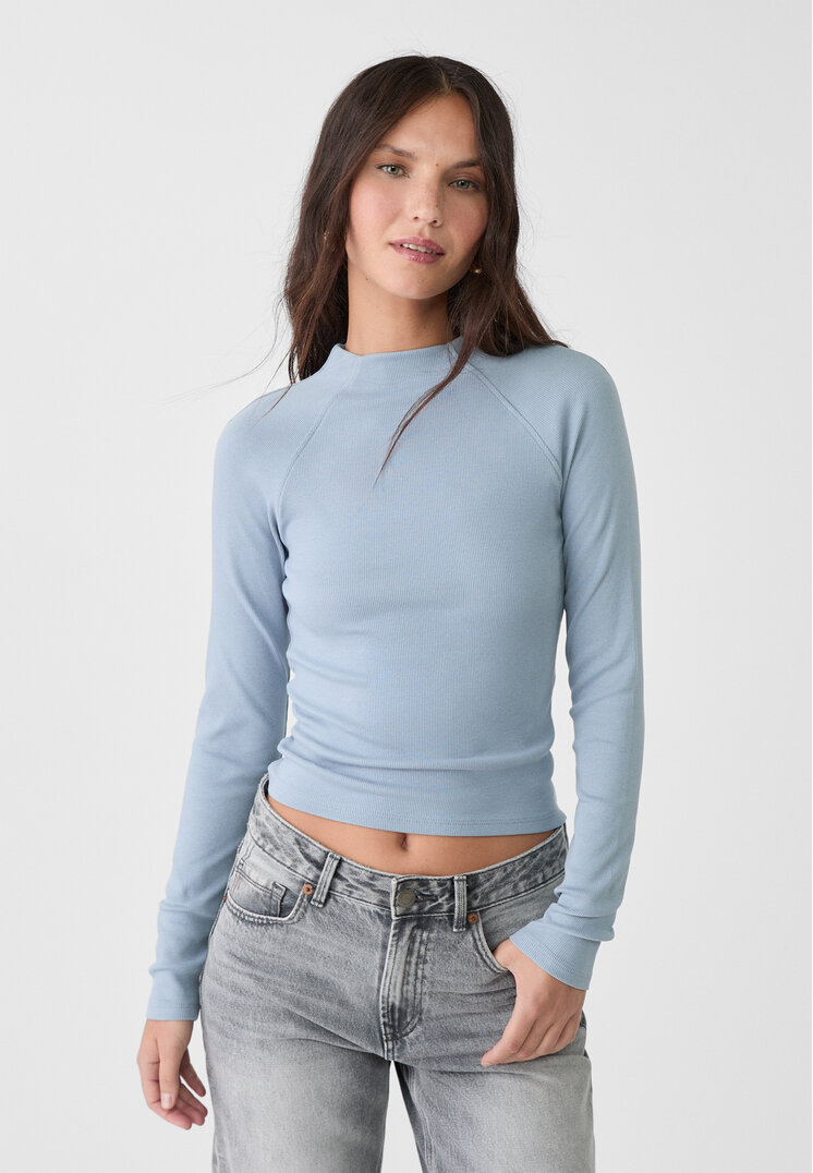 Stradivarius Tricou Reiat Cu Guler Mic Și Mânecă Lungă Azuriu Xs