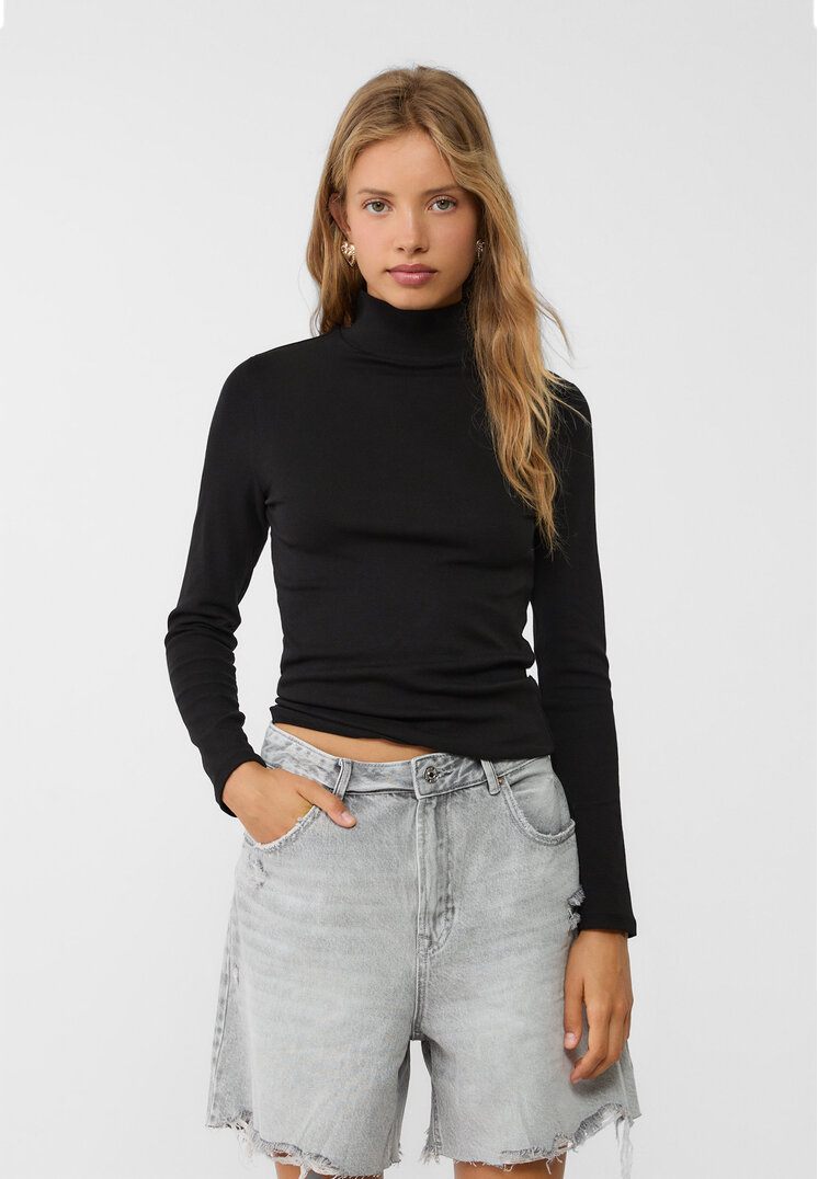 Stradivarius Tricou Cu Guler Înalt Negru L