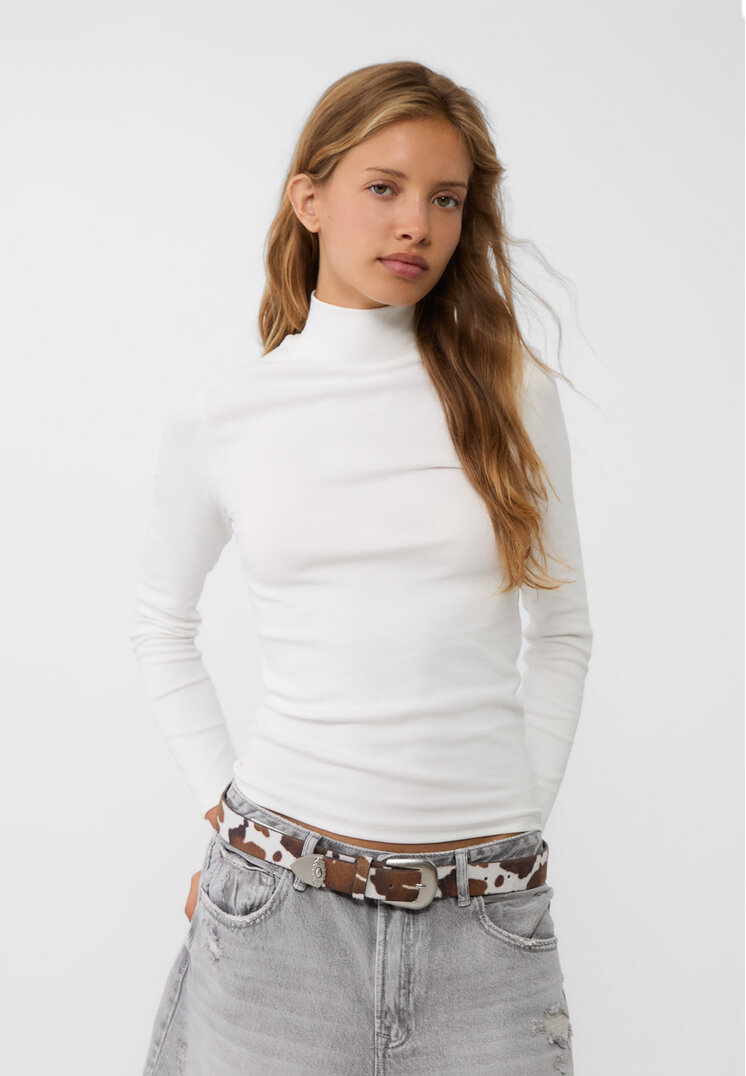 Stradivarius Tricou Cu Guler Înalt Ecru Xs