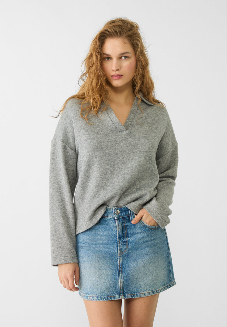 Stradivarius Tricou Polo Din Tricot Gris Amestec Xl