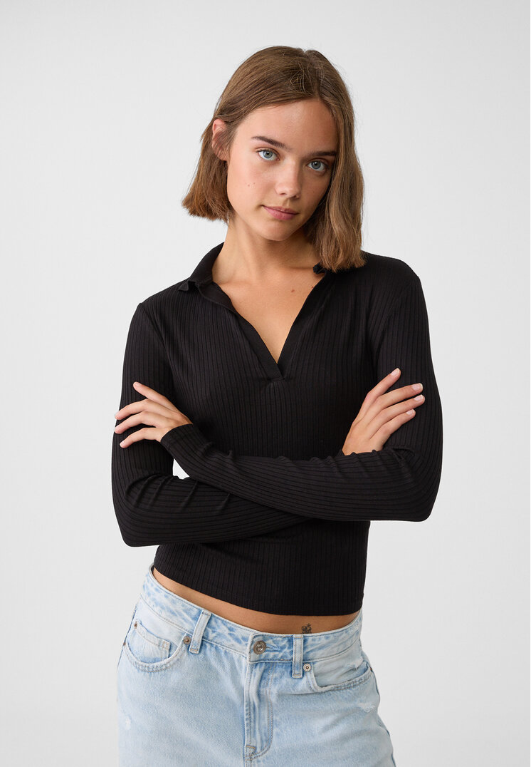 Stradivarius Tricou Cu Guler Polo Negru S