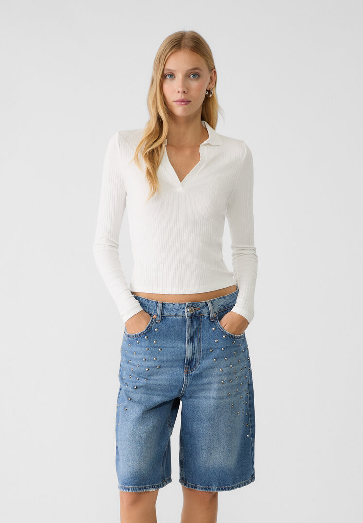 Stradivarius Tricou Cu Guler Polo Ecru S