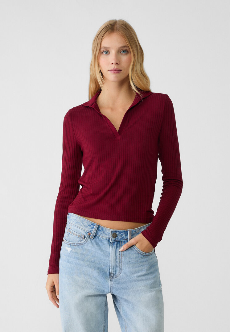 Stradivarius Tricou Cu Guler Polo Grena M