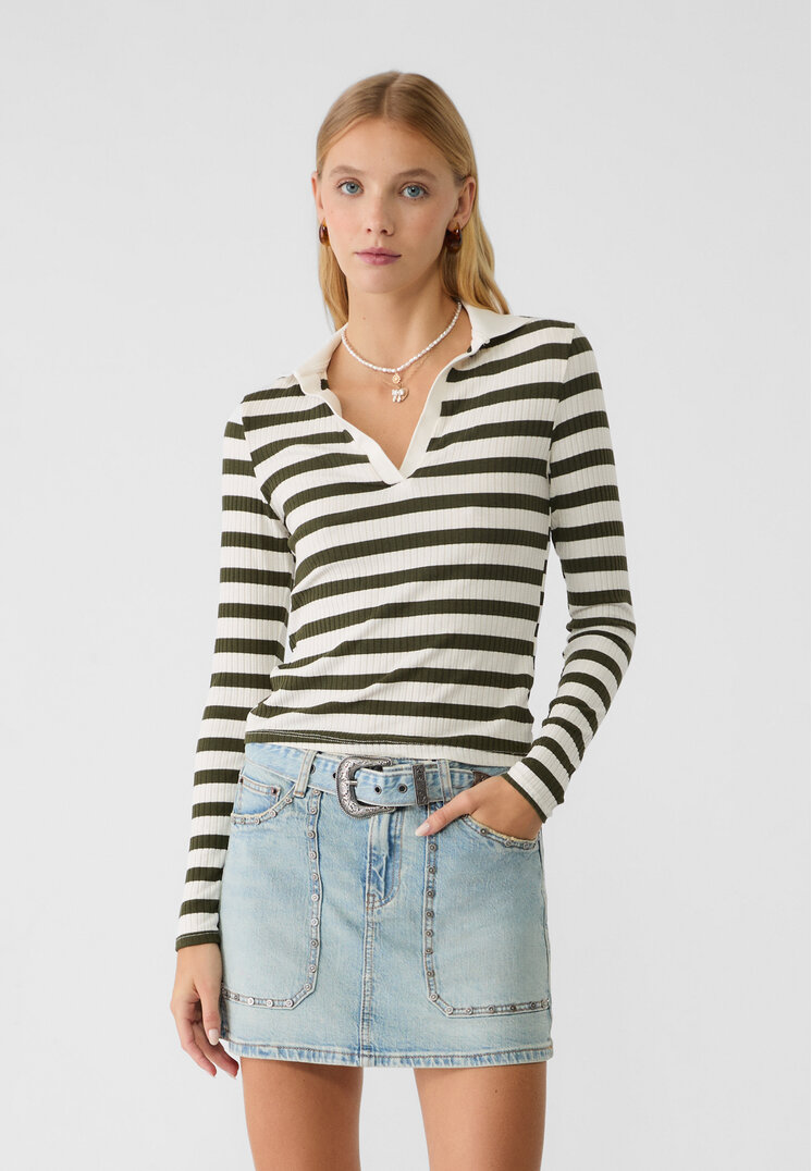 Stradivarius Tricou Polo Cu Dungi Ecru M