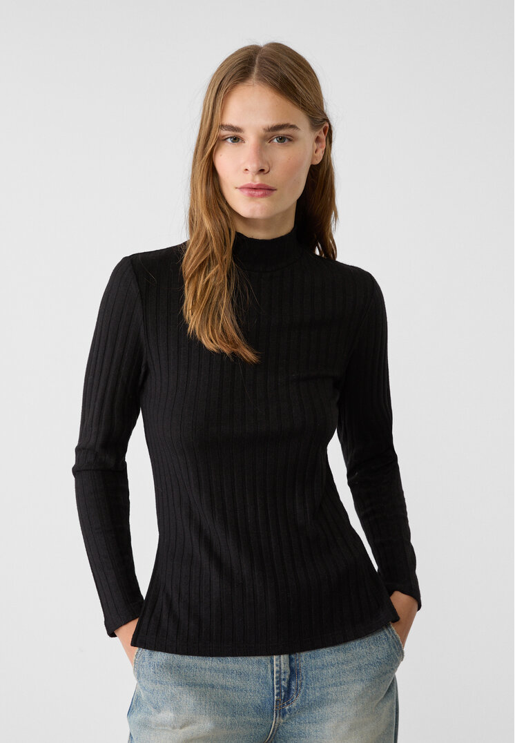 Stradivarius Tricou Din Tricot Cu Guler Înalt Negru Xs
