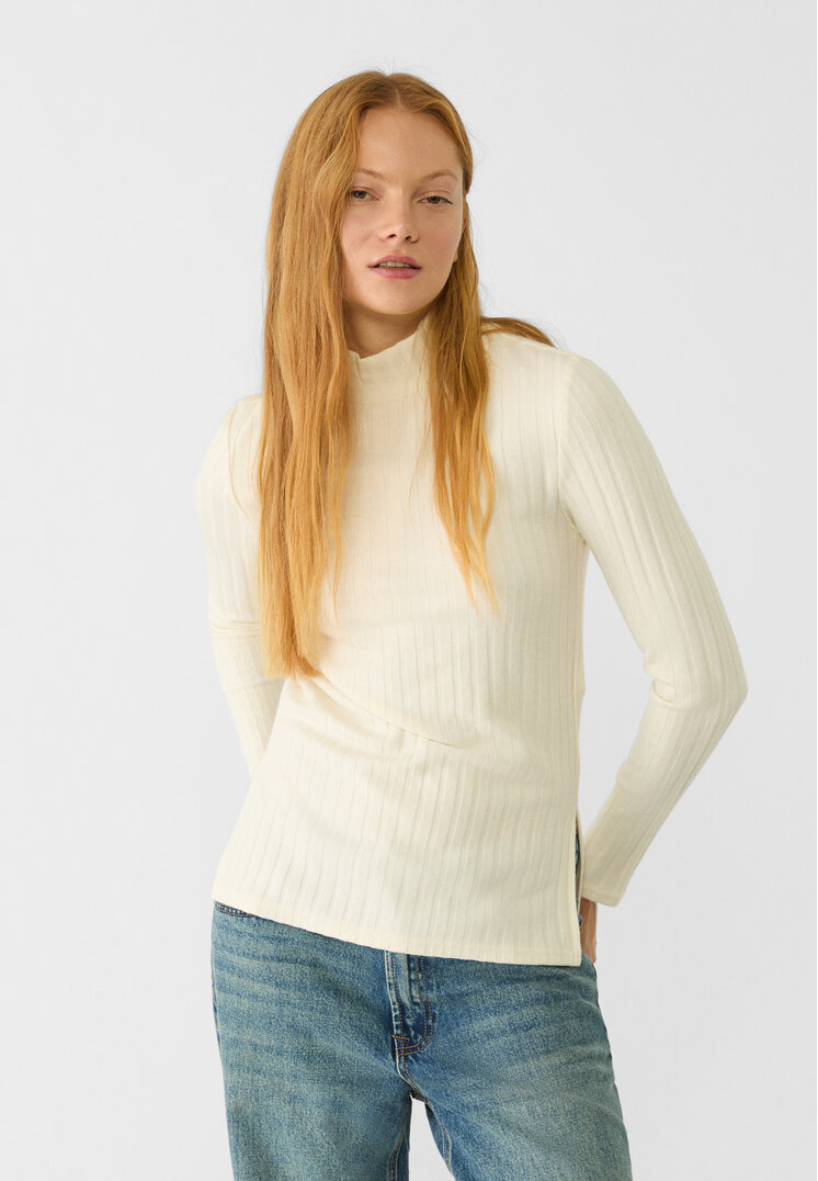 Stradivarius Tricou Din Tricot Cu Guler Înalt Ecru M