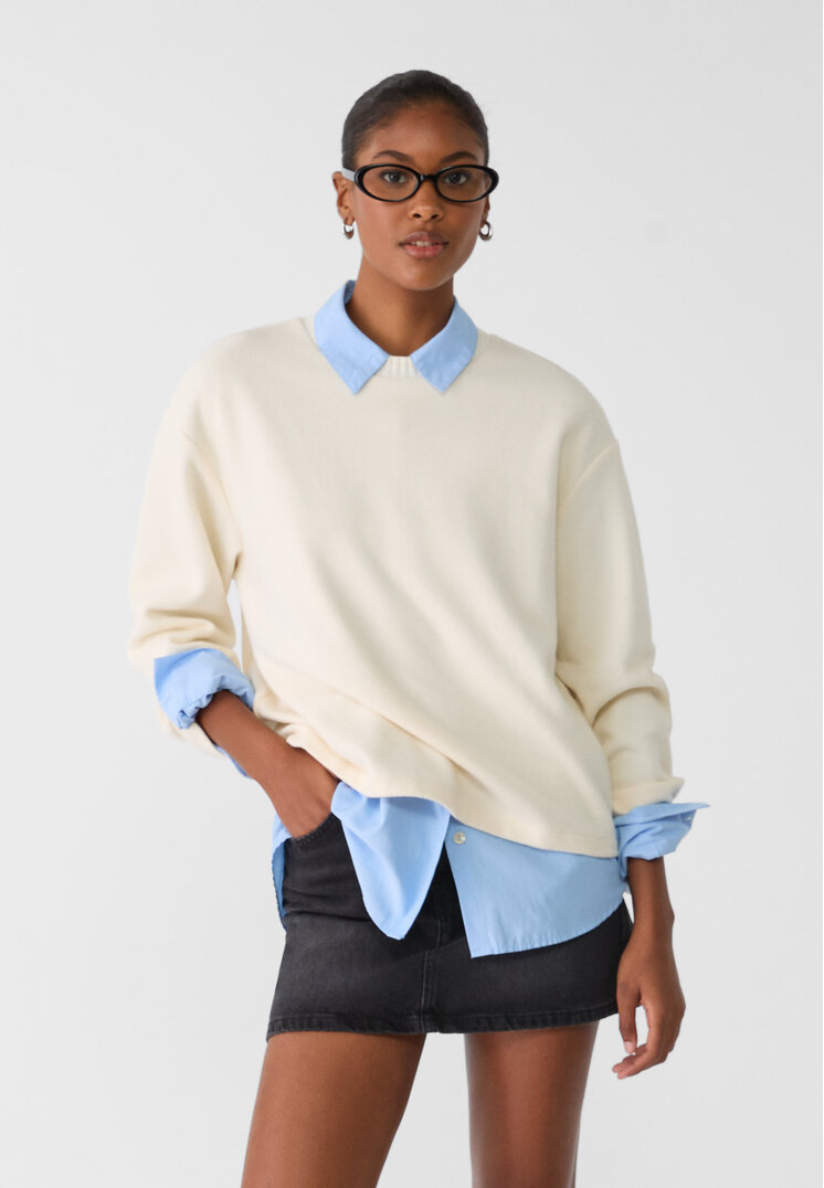 Stradivarius Tricou Din Tricot Cu Guler Rotund Ecru M