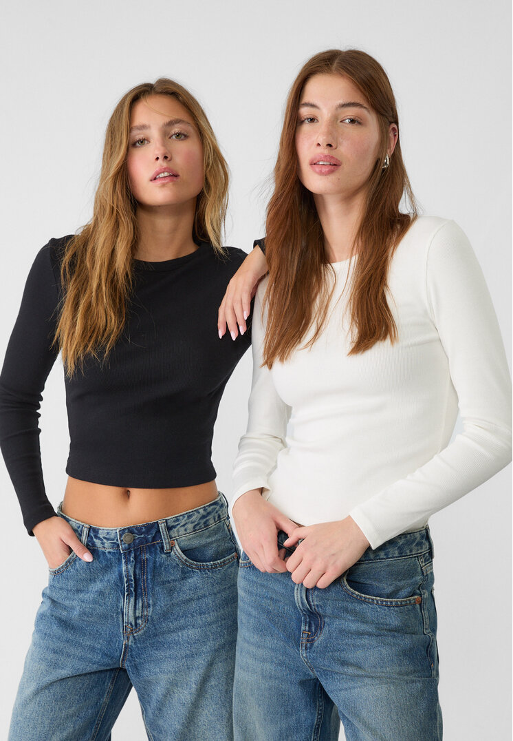 

Stradivarius Doppelpack gerippte Langarmshirts Ecru L