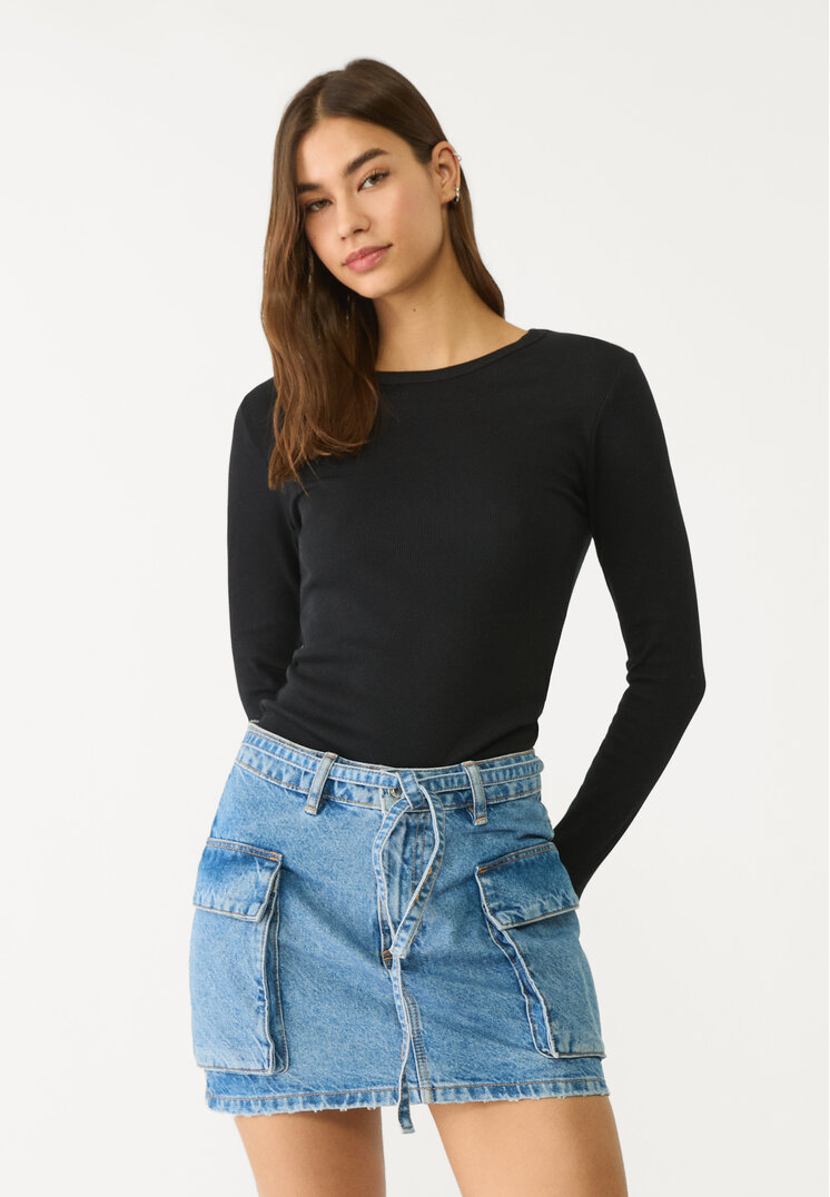 Stradivarius Tricou Reiat Cu Mânecă Lungă Negru Xl