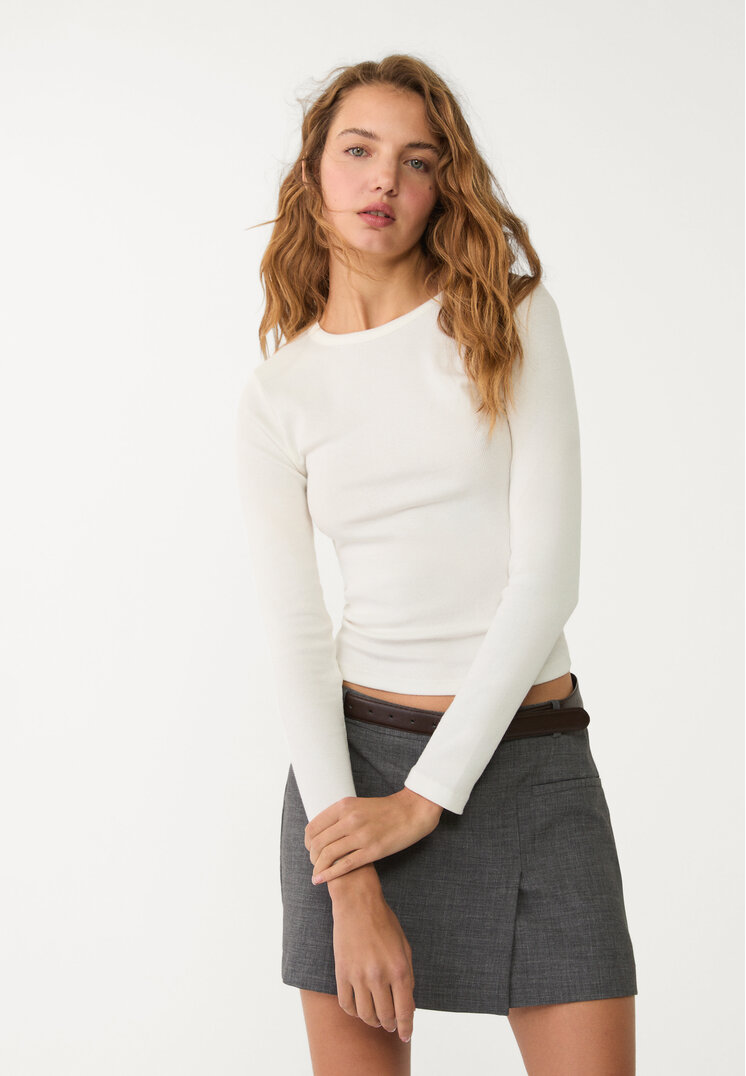 Stradivarius Tricou Reiat Cu Mânecă Lungă Ecru L