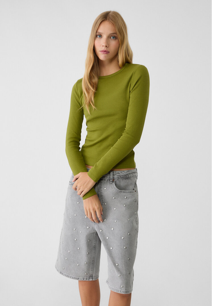 Stradivarius Tricou Reiat Cu Mânecă Lungă Verdes Fistic M