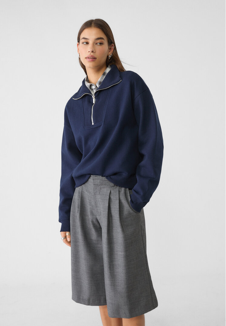 Stradivarius Hanorac Guler Înalt Fermoar Bleumarin S