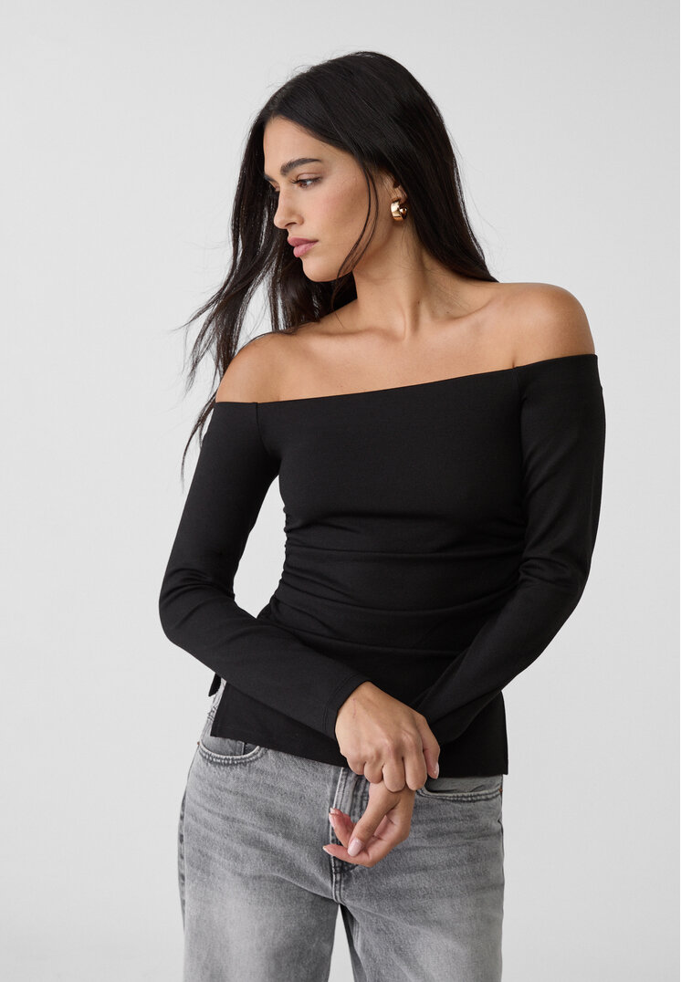 Stradivarius Tricou Cu Umeri Descoperiți Negru M
