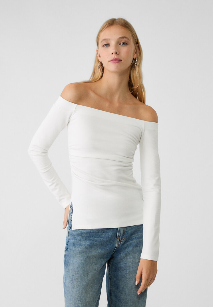 Stradivarius Tricou Cu Umeri Descoperiți Ecru L