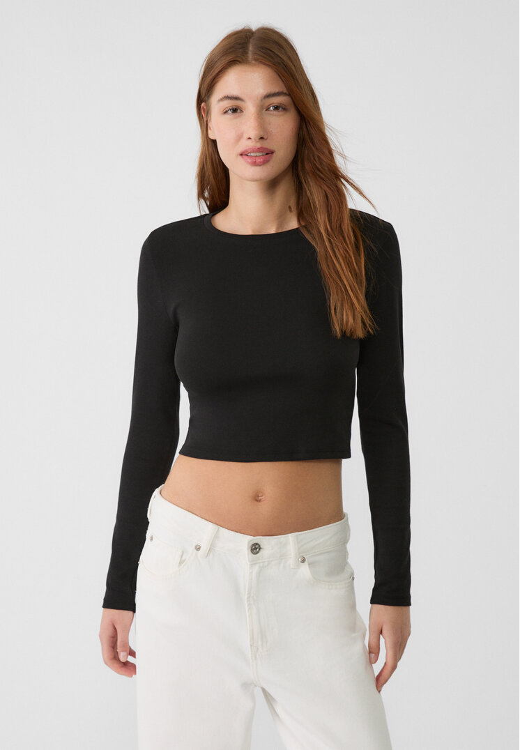 Stradivarius Tricou Cropped Din Bumbac Cu Mânecă Lungă Negru L