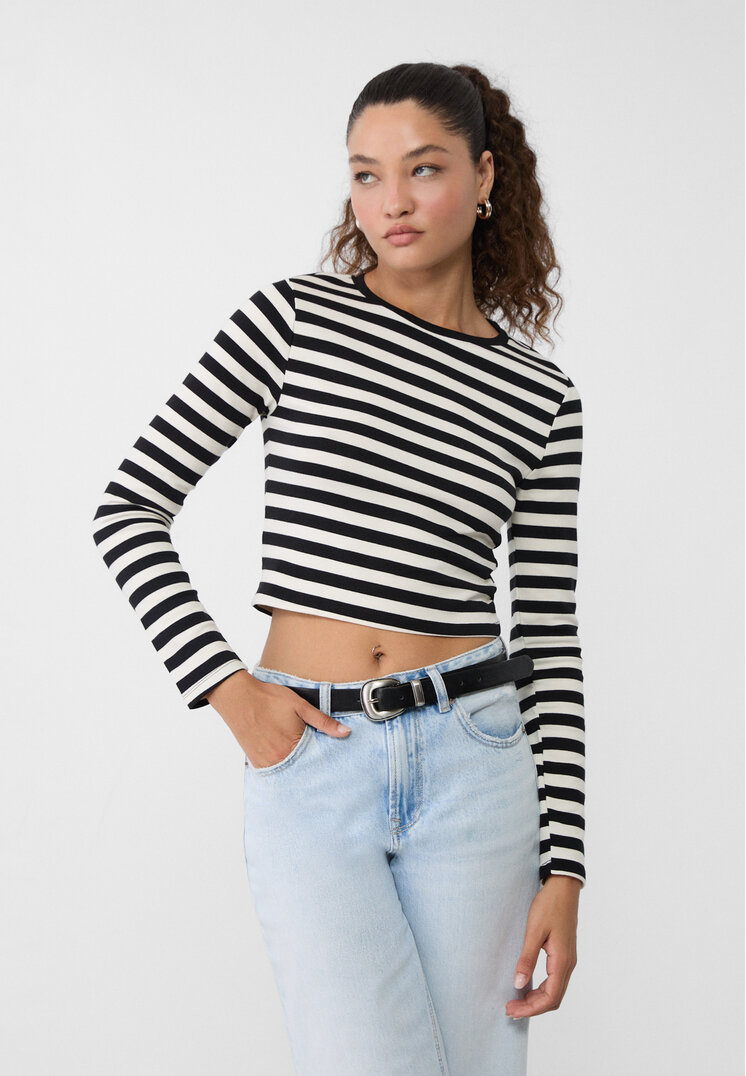 Stradivarius Tricou Scurt Simplu Dungi Negru L