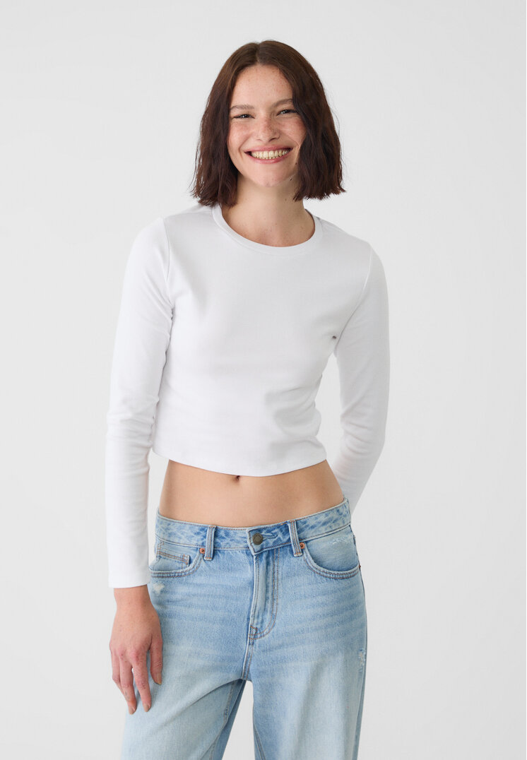 Stradivarius Set De 2 Tricouri Cropped Cu Mânecă Lungă Alb L
