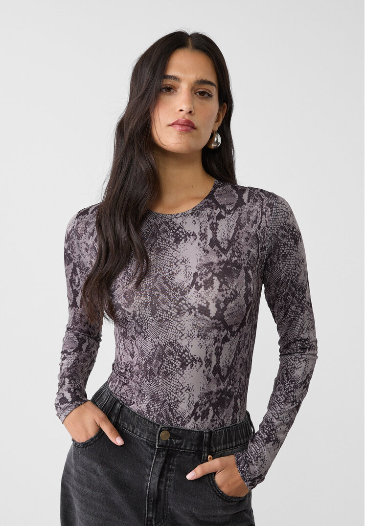 Stradivarius Body Din Poliamidă Cu Animal Print Gri Închis Xs