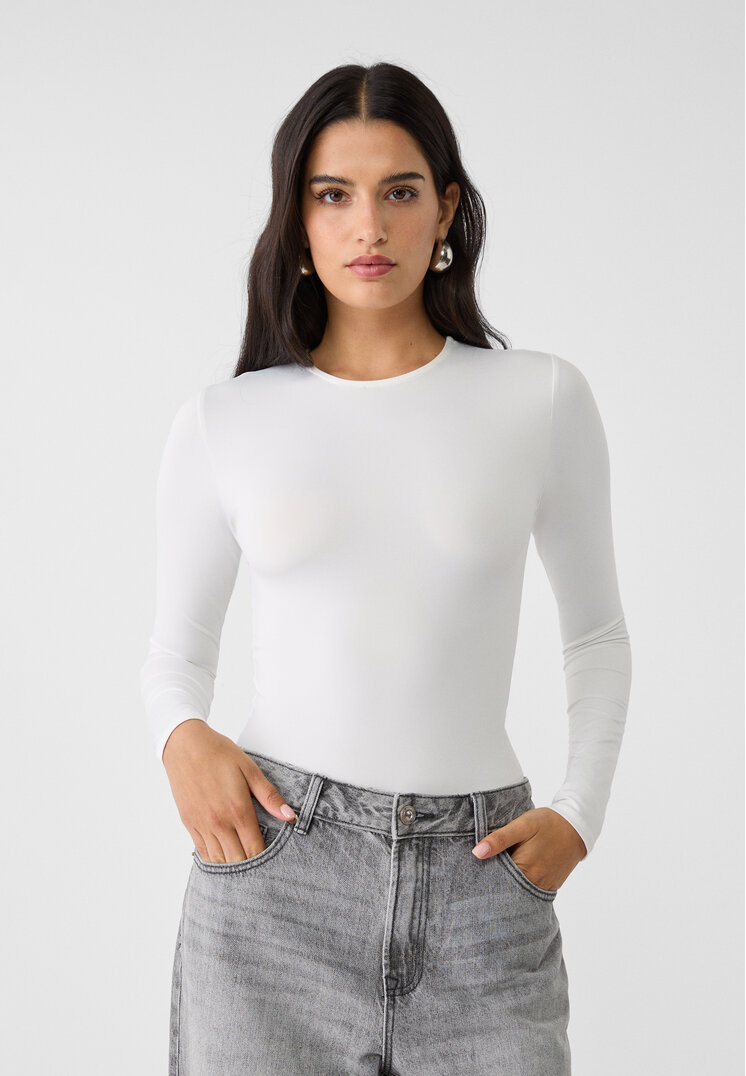 Stradivarius Body Din Poliamidă Cu Mânecă Lungă Ecru Xl