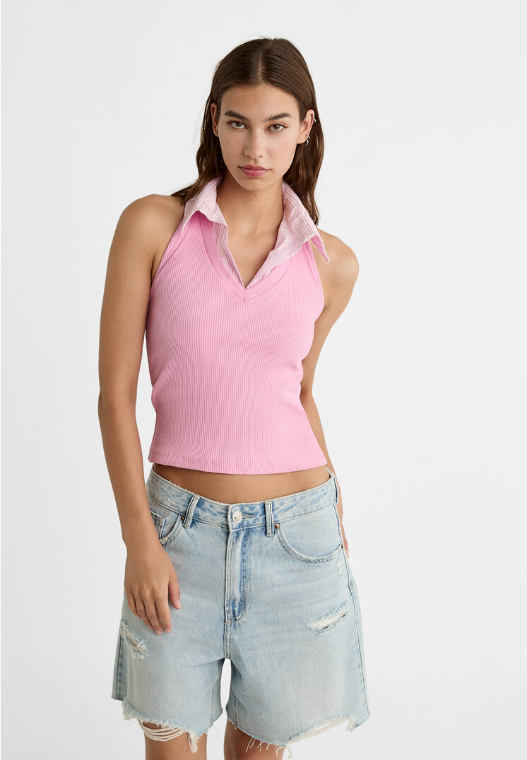 

Stradivarius Kontrastowy top z dekoltem halter Pastelowy róż L