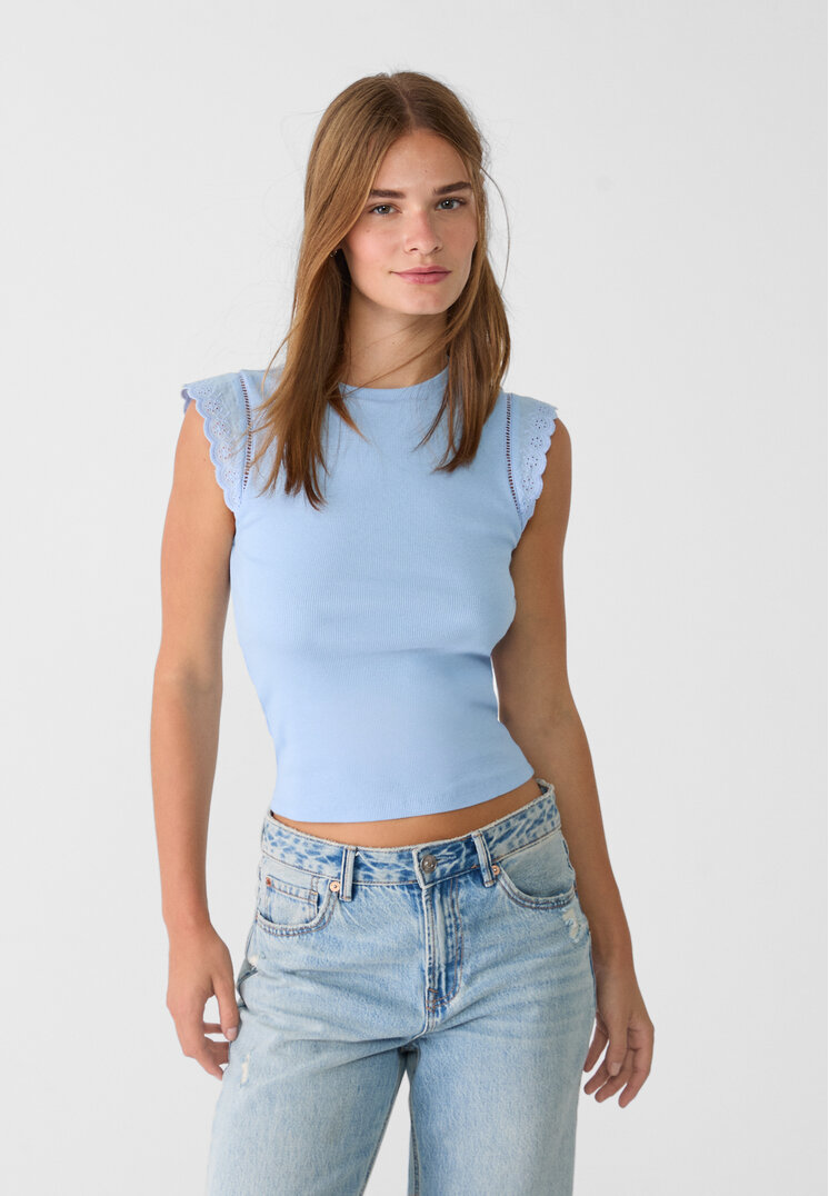 Stradivarius Tricou Cu Broderii Azuriu L