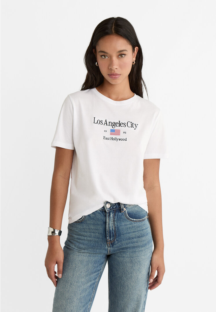 Stradivarius Tricou Cu Imprimeu Grafic Los Angeles Alb Xs