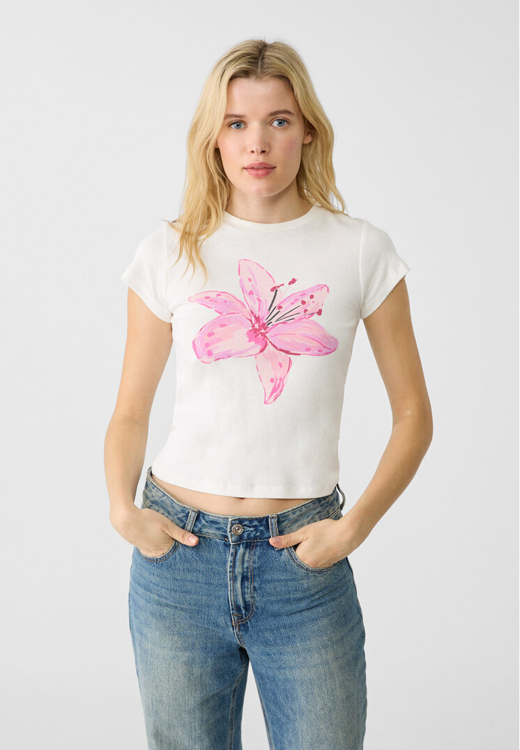 Stradivarius Tricou Cu Imprimeu Floare Alb M