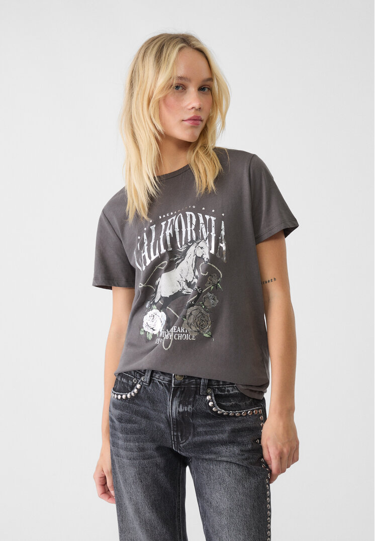 Stradivarius Tricou Cowboy Cu Foiță Gri Închis S