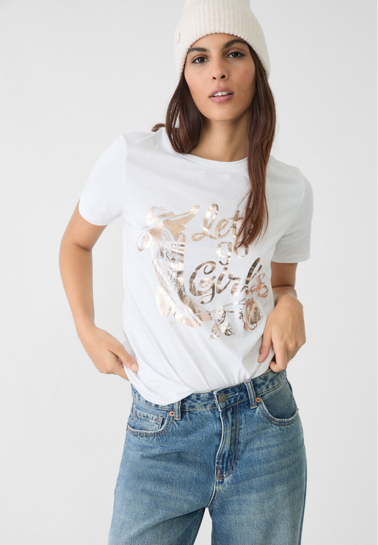 Stradivarius Tricou Cowboy Cu Foiță Alb M