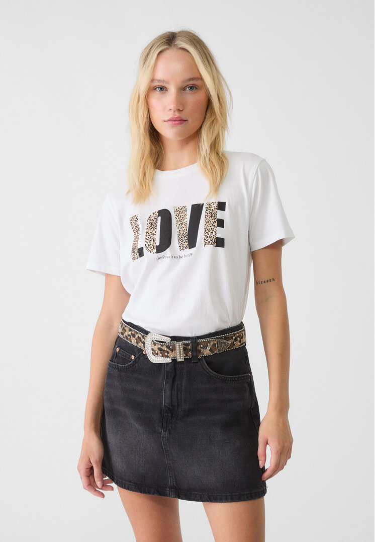 Stradivarius Tricou Love Cu Animal Print Alb S