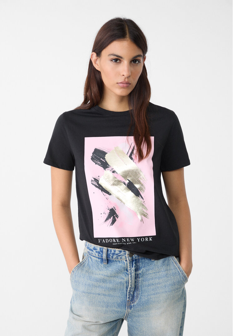 Stradivarius Tricou Cu Imprimeu Grafic Metalizat Negru L