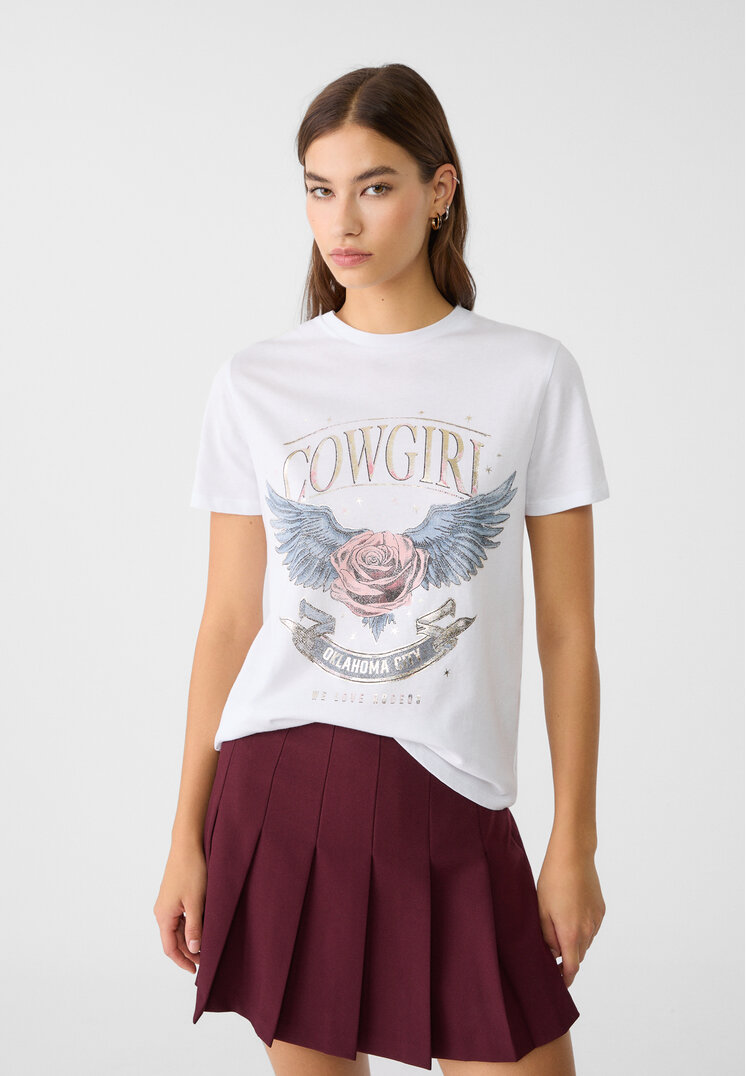Stradivarius Tricou Cu Imprimeu Grafic Metalizat Roz Pastel M