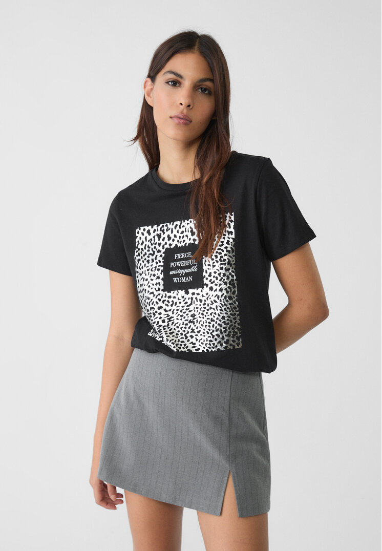 Stradivarius Tricou Cu Animal Print Grafic Metalizat Negru L