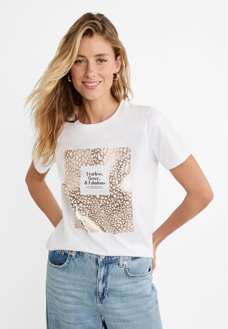 Stradivarius Tricou Cu Animal Print Grafic Metalizat Alb M