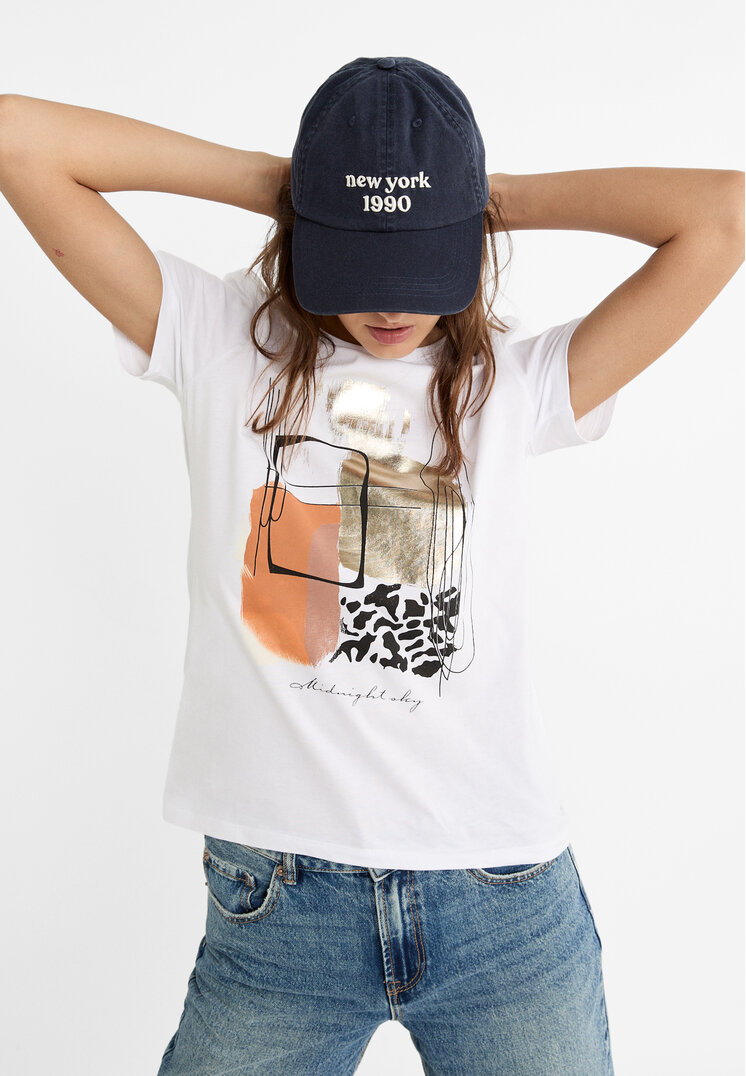 

Stradivarius Shirt mit Foliengrafik Weiß M