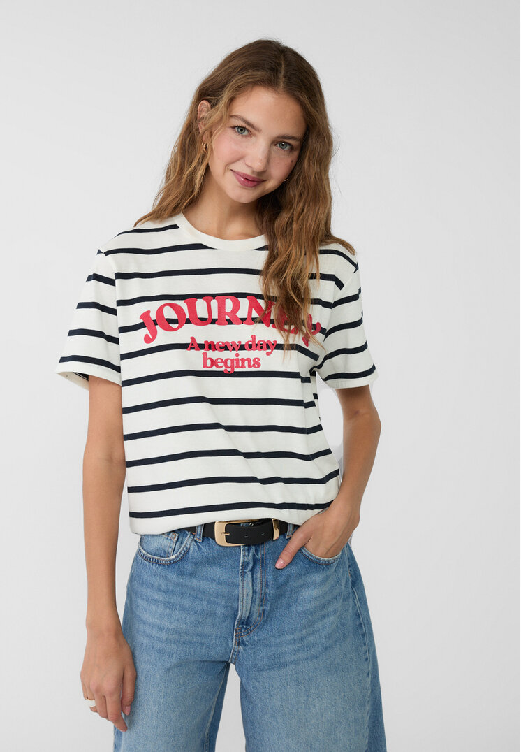 Stradivarius Tricou În Dungi Cu Text Bleumarin L