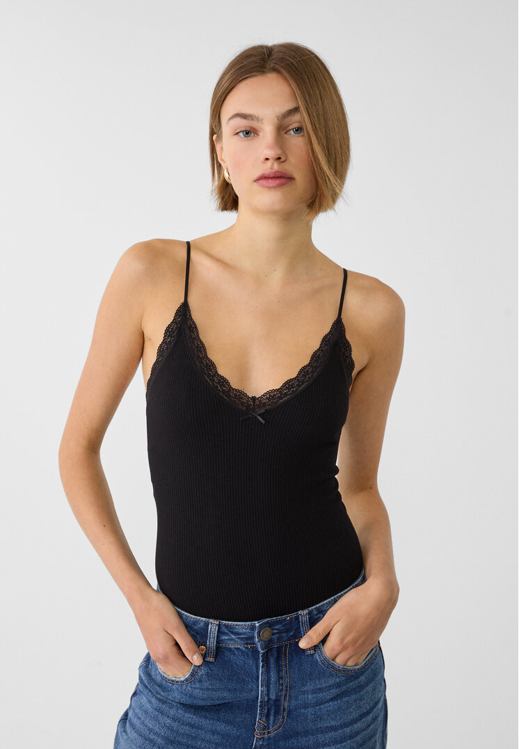 Stradivarius Body Fără Cusături Cu Dantelă Negru M