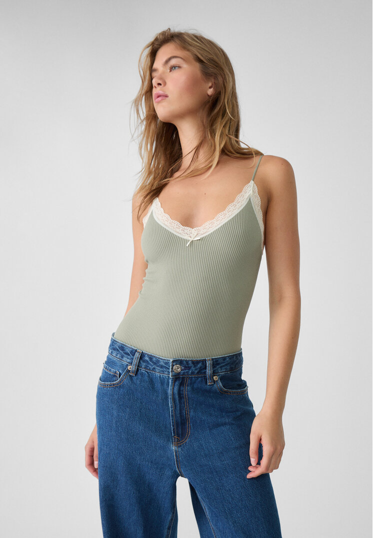 Stradivarius Body Fără Cusături Cu Dantelă Kaki S