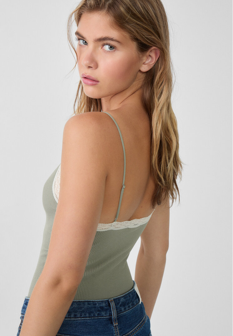 Stradivarius Lace-trimmed seamless bodysuit  Khaki XL