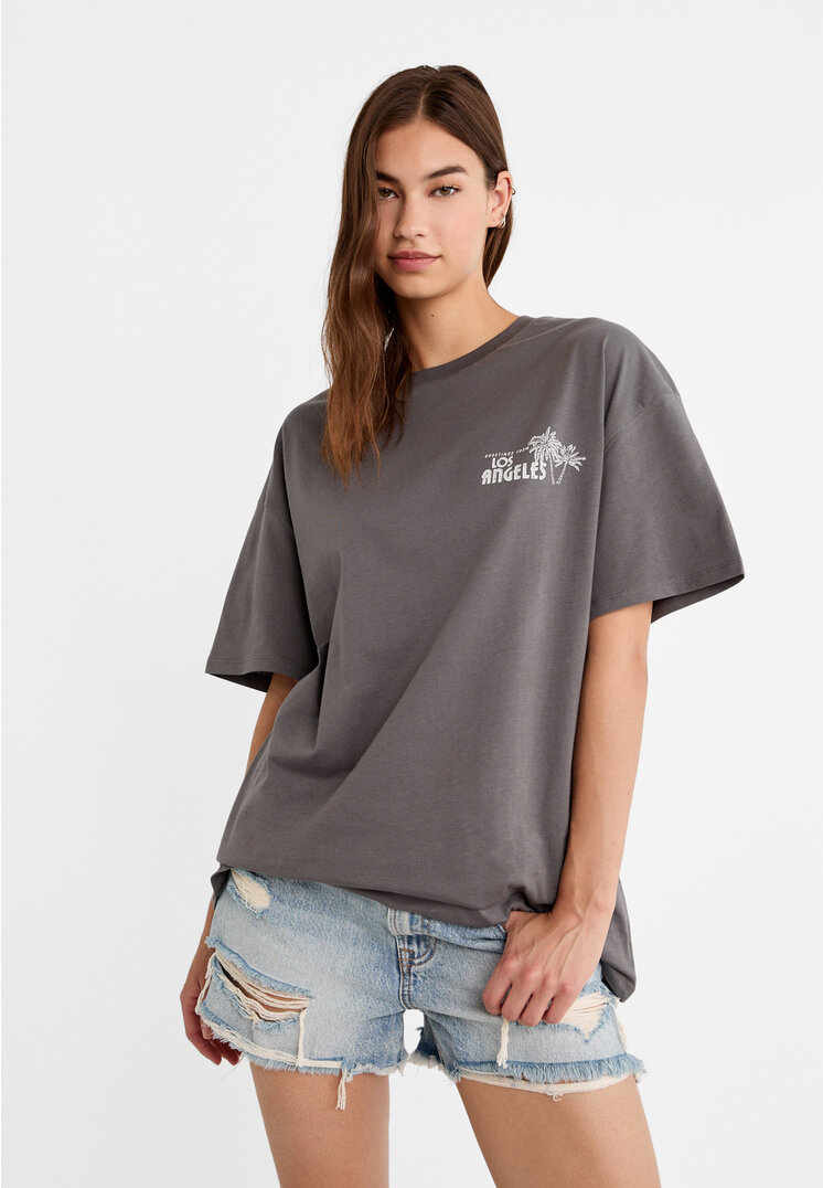 Stradivarius Tricou Oversize Cu Imprimeu Grafic Gri Închis L