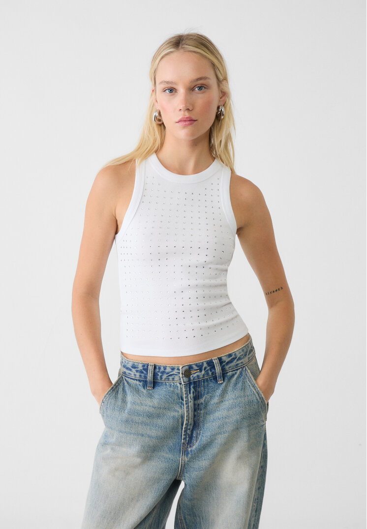 Stradivarius Tricou Racer Cu Accente Strălucitoare Ecru S